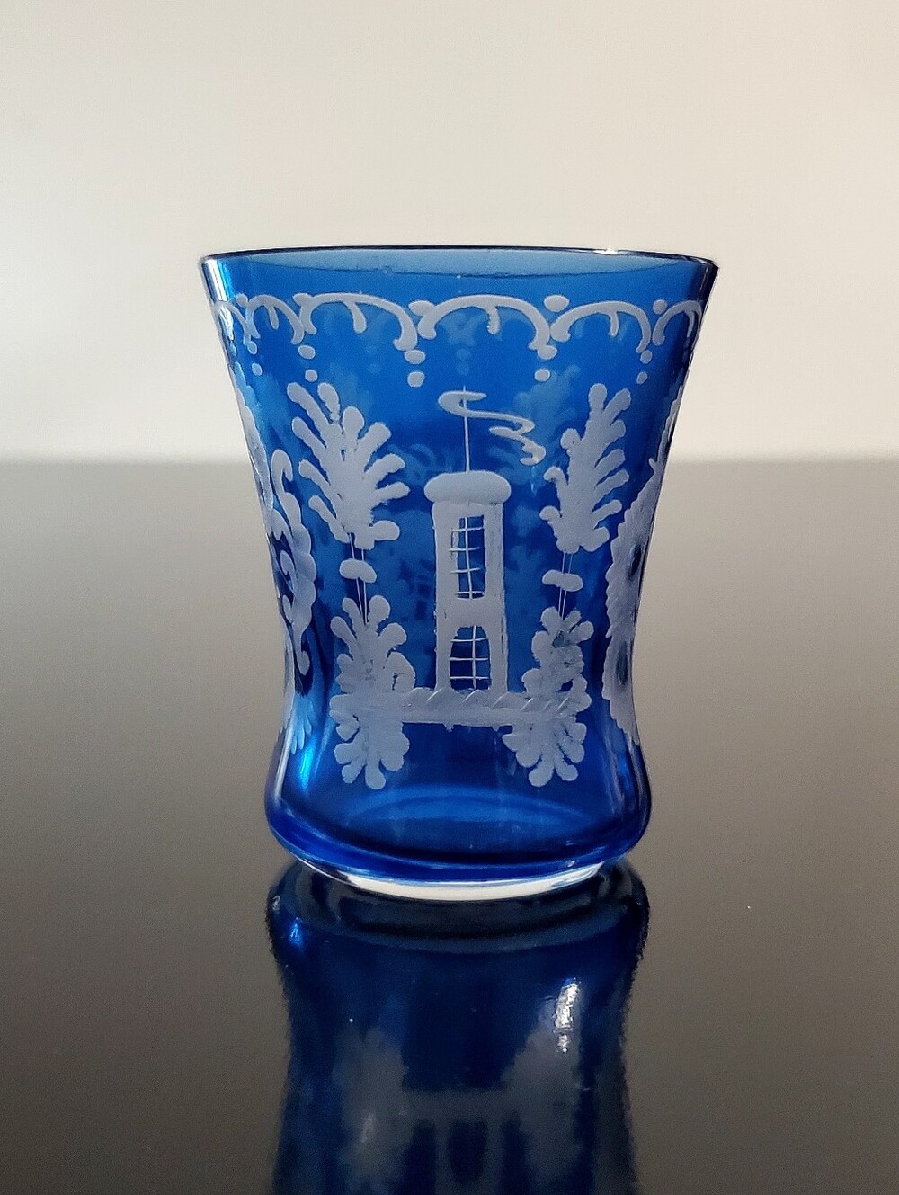 Bohemian Egermann Blue Cut to Clear Etched Shot Glass Toothpick Holder